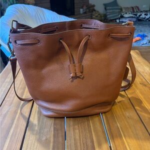 Madewell Lafayette Brown Leather Bucket Bag with crossbody strap